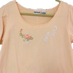 Y2K Womens Casual  Day Dress Peach Embroider Pkts Drop Waist Weekends Modest L